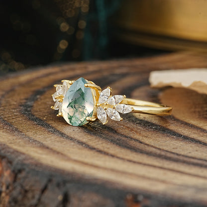 Vintage Floral Pear Cut Moss Agate Engagement Ring