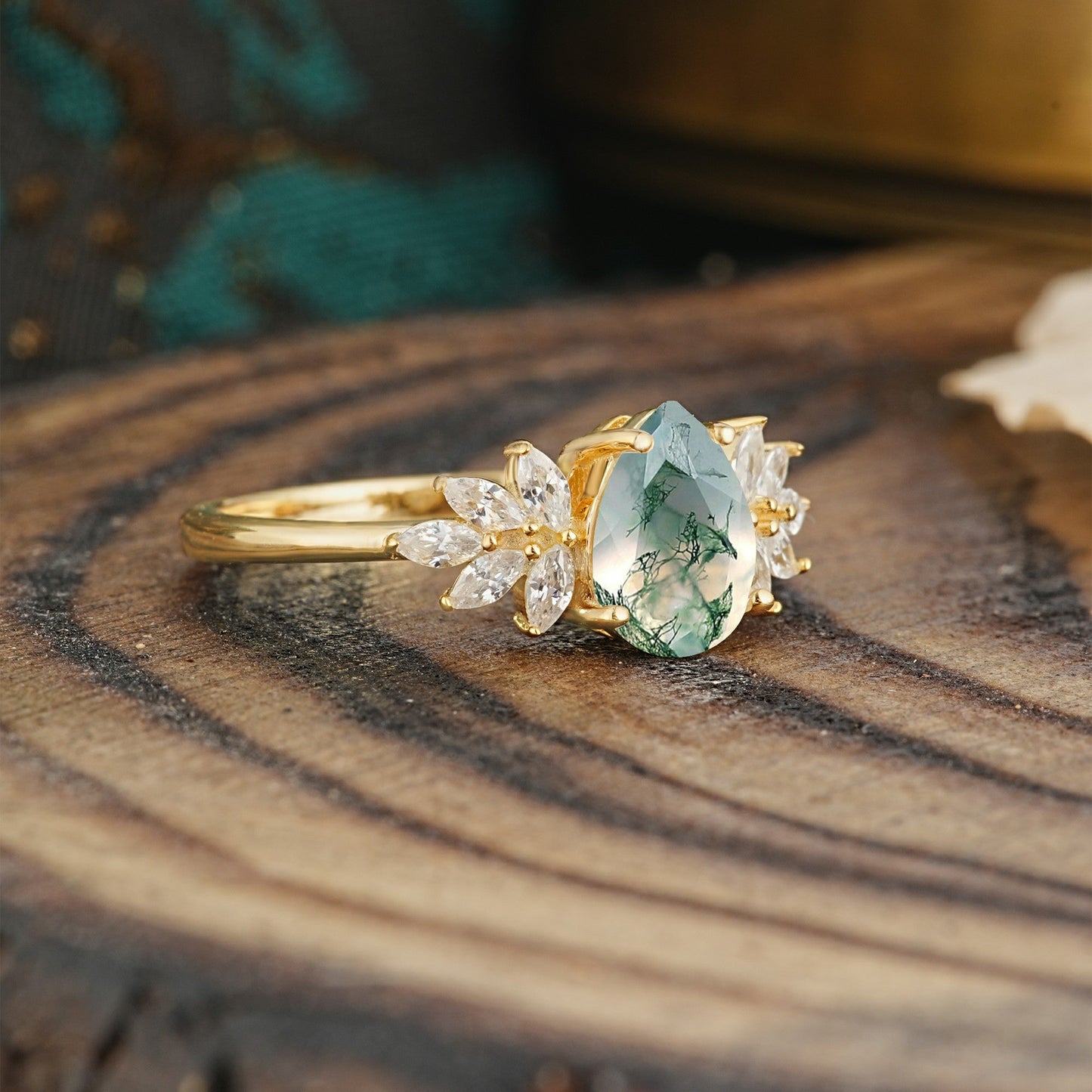 Vintage Floral Pear Cut Moss Agate Engagement Ring