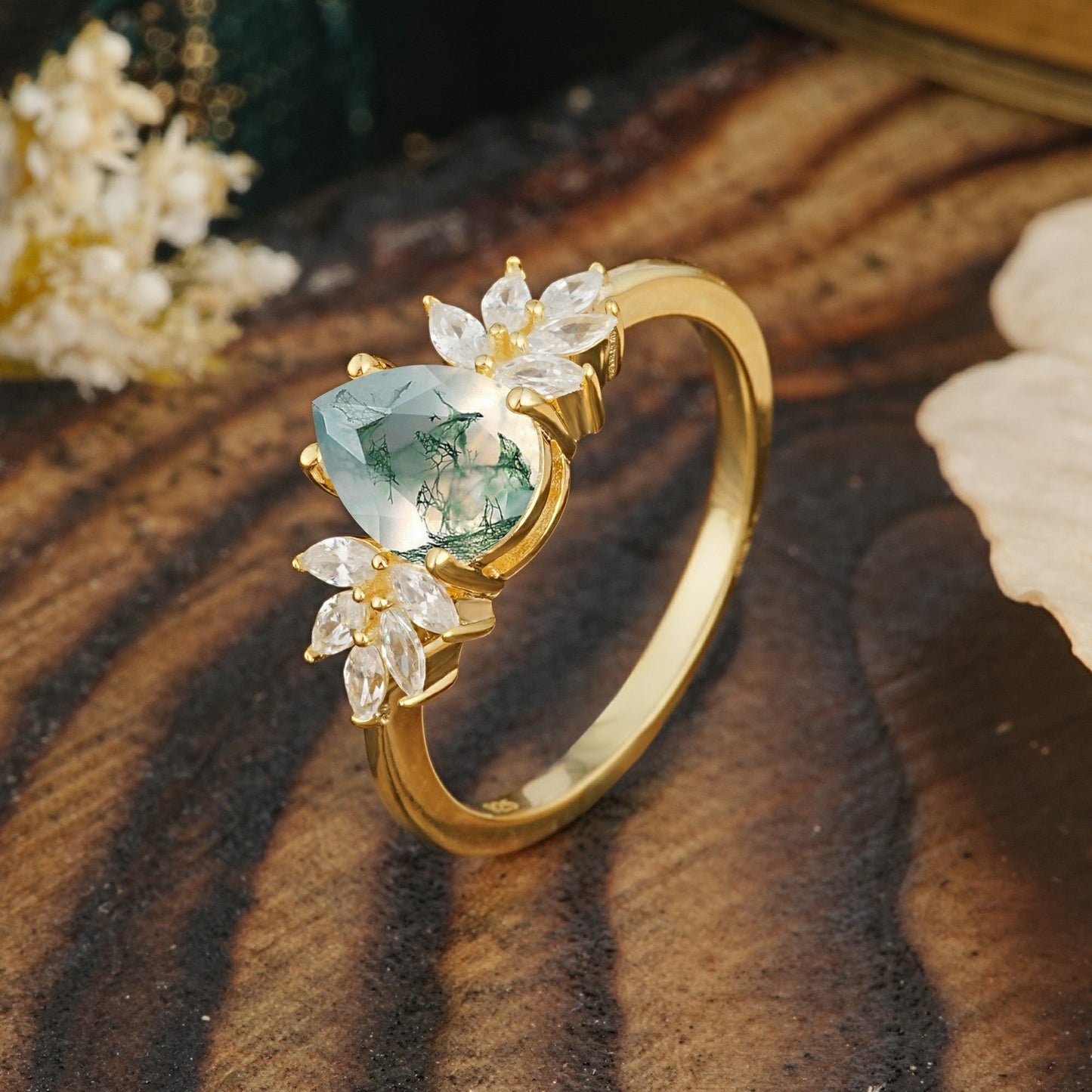 Vintage Floral Pear Cut Moss Agate Engagement Ring