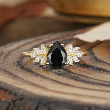 Vintage Floral Pear Cut Black Onyx Engagement Ring