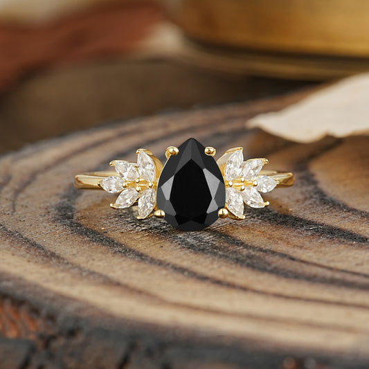 Vintage Floral Pear Cut Black Onyx Engagement Ring