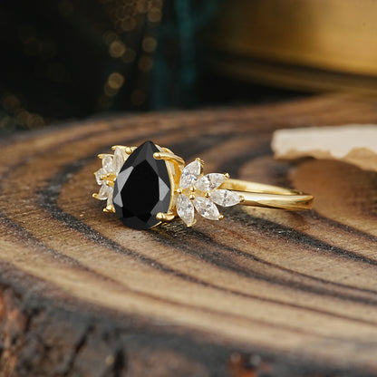 Vintage Floral Pear Cut Black Onyx Engagement Ring