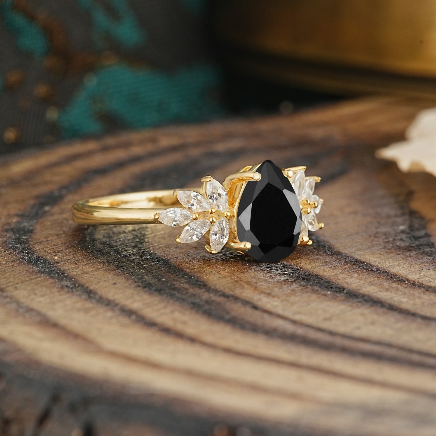 Vintage Floral Pear Cut Black Onyx Engagement Ring