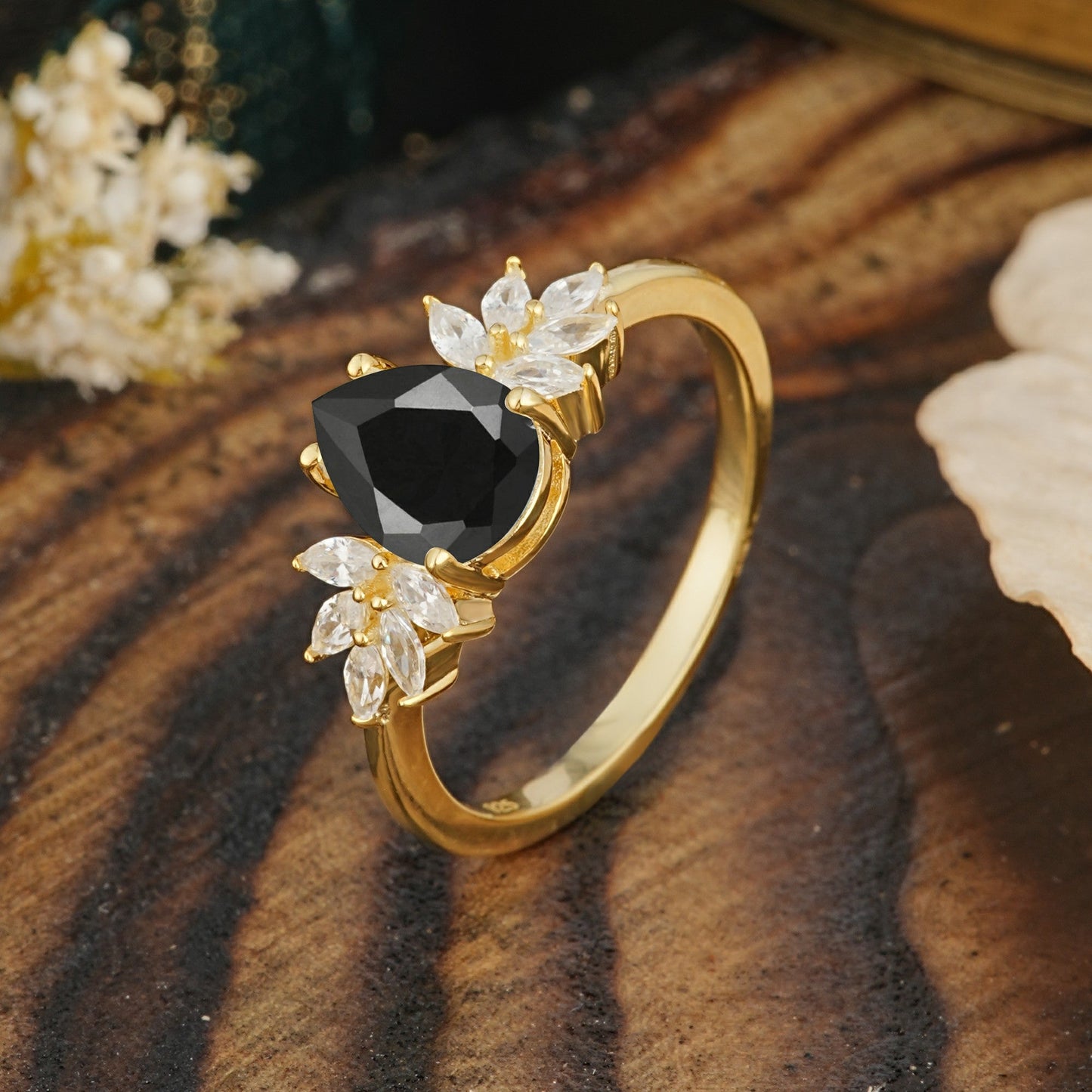 Vintage Floral Pear Cut Black Onyx Engagement Ring