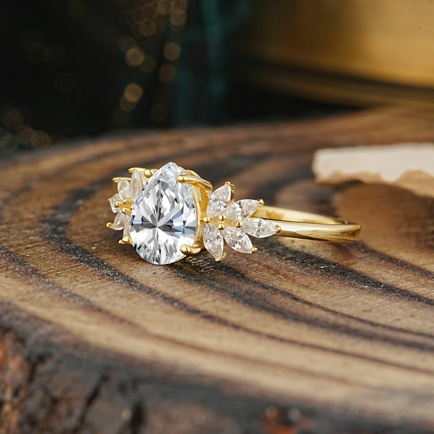Vintage Floral Pear Cut Lab Diamond Engagement Ring