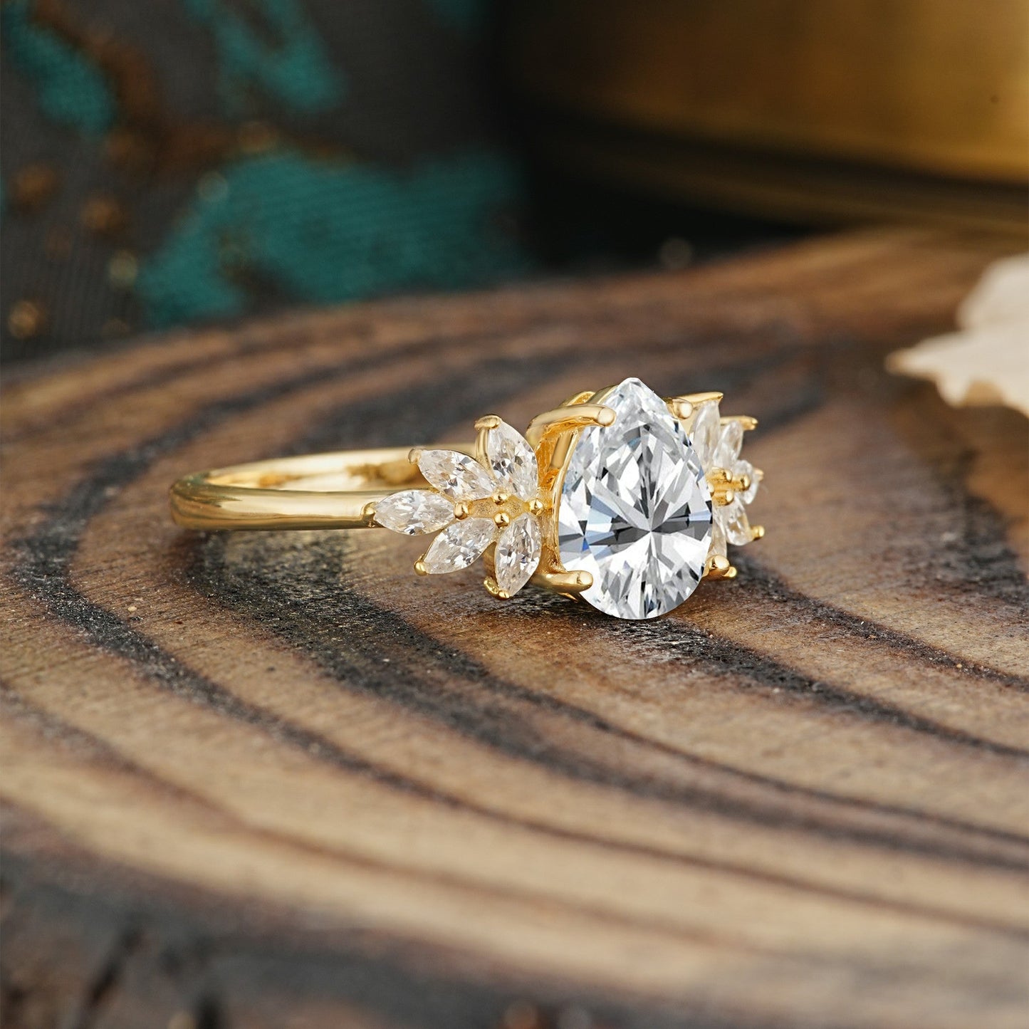 Vintage Floral Pear Cut Lab Diamond Engagement Ring