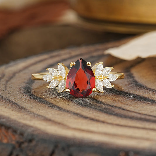 Vintage Floral Pear Cut Garnet Engagement Ring