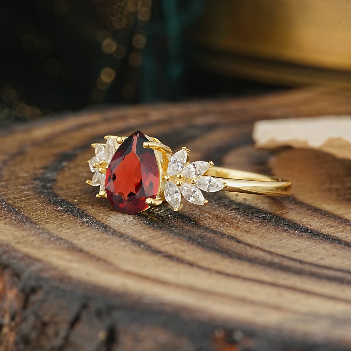 Vintage Floral Pear Cut Garnet Engagement Ring