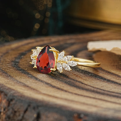 Vintage Floral Pear Cut Garnet Engagement Ring