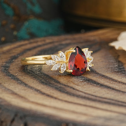 Vintage Floral Pear Cut Garnet Engagement Ring