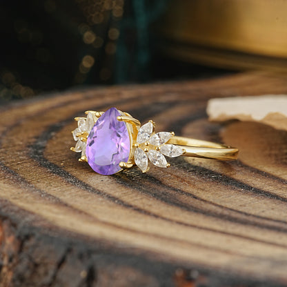Vintage Floral Pear Cut Amethyst Engagement Ring