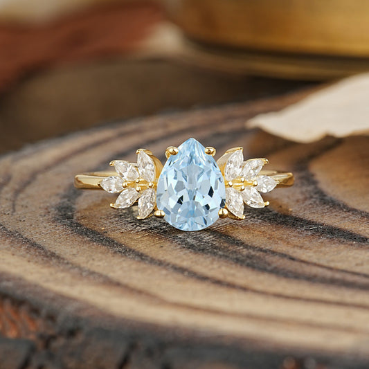 Vintage Floral Pear Cut Aquamarine Engagement Ring