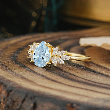 Vintage Floral Pear Cut Aquamarine Engagement Ring