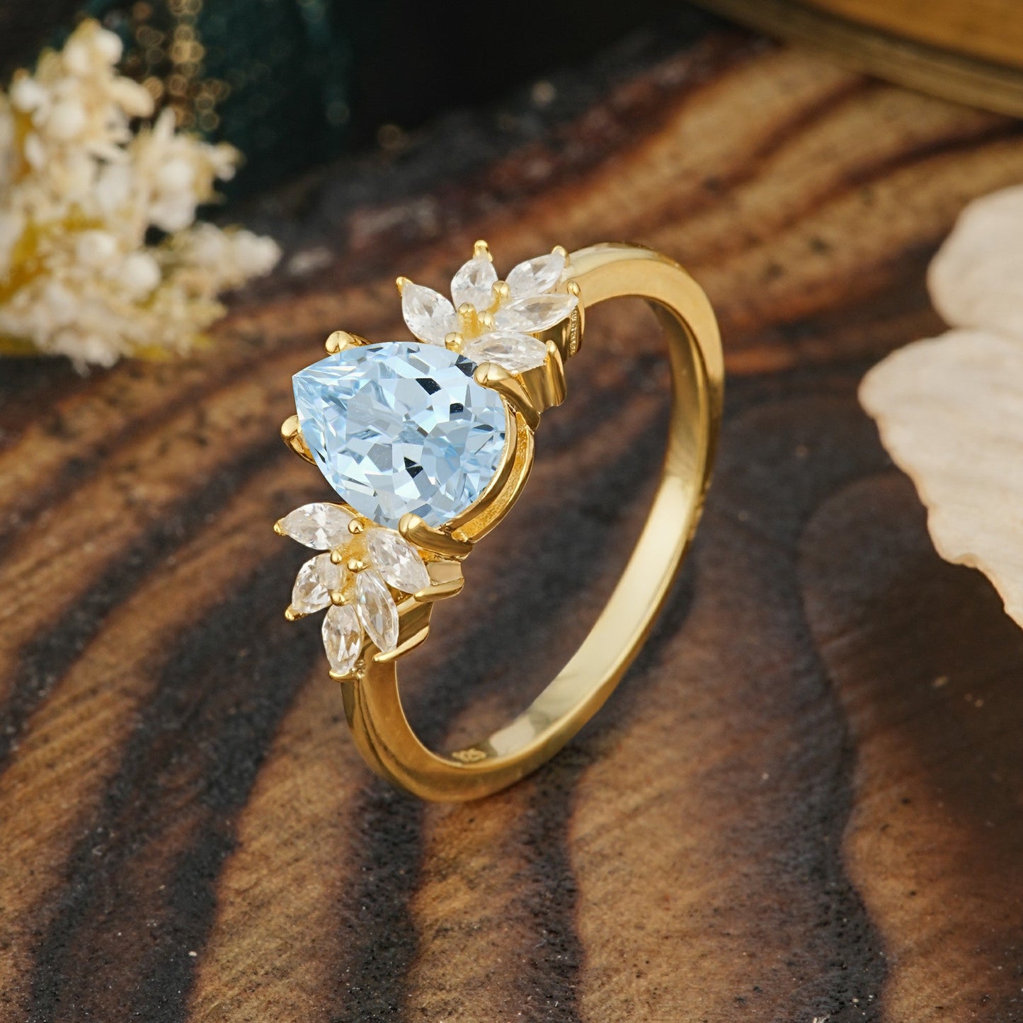 Vintage Floral Pear Cut Aquamarine Engagement Ring