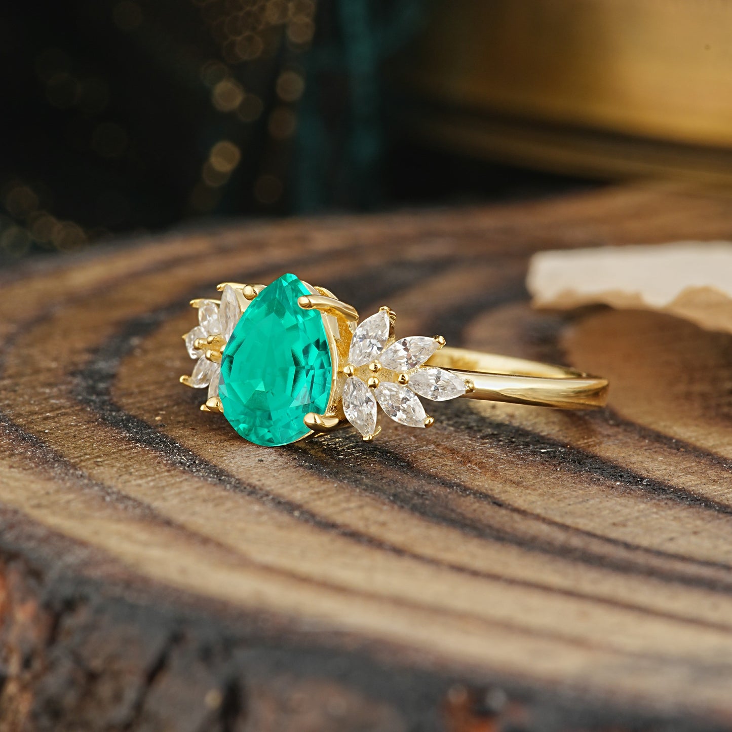 Vintage Floral Pear Cut Emerald Engagement Ring