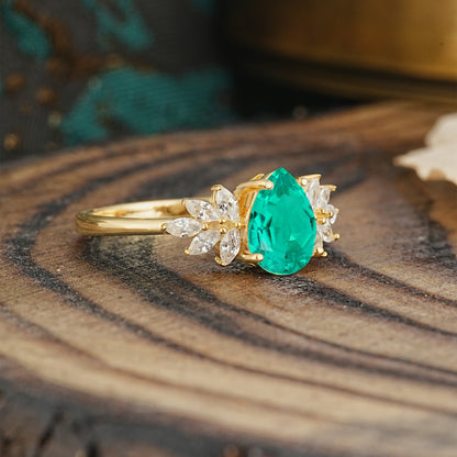 Vintage Floral Pear Cut Emerald Engagement Ring