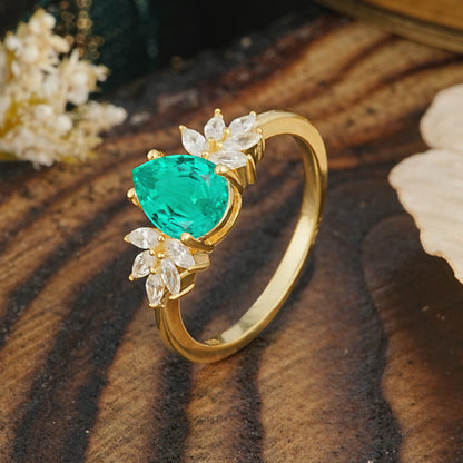 Vintage Floral Pear Cut Emerald Engagement Ring