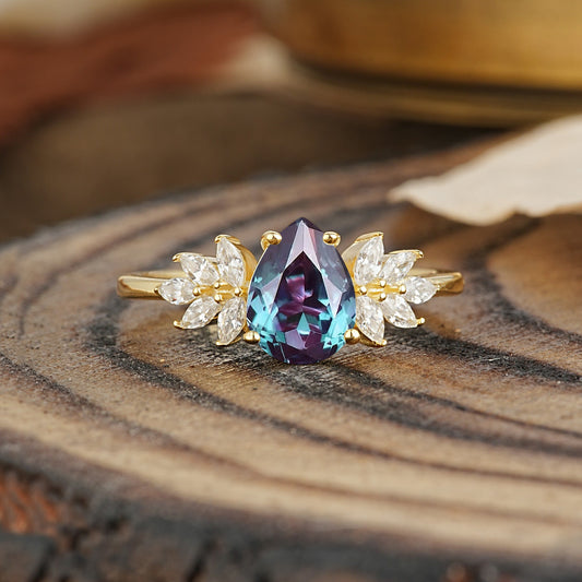 Vintage Floral Pear Cut Alexandrite Engagement Ring