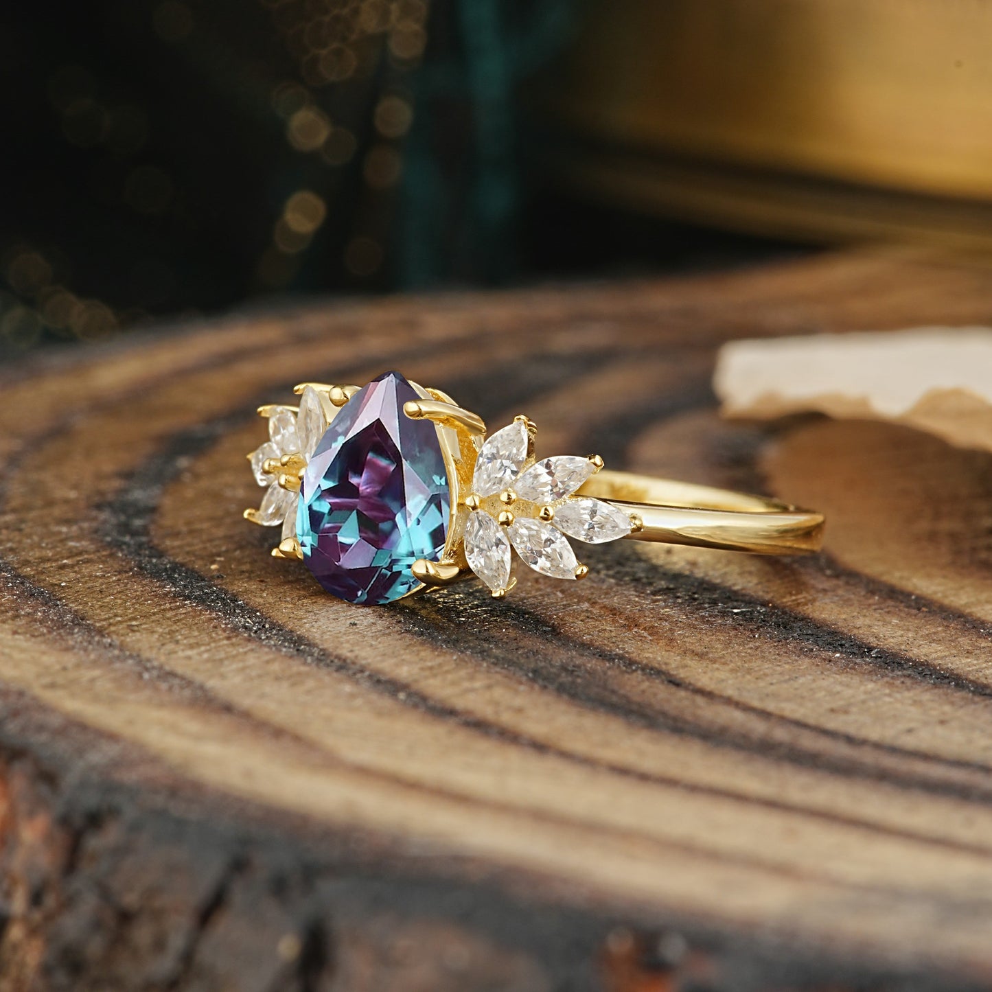 Vintage Floral Pear Cut Alexandrite Engagement Ring