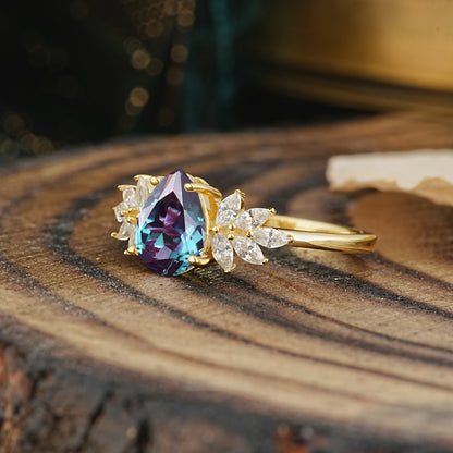 Vintage Floral Pear Cut Alexandrite Engagement Ring