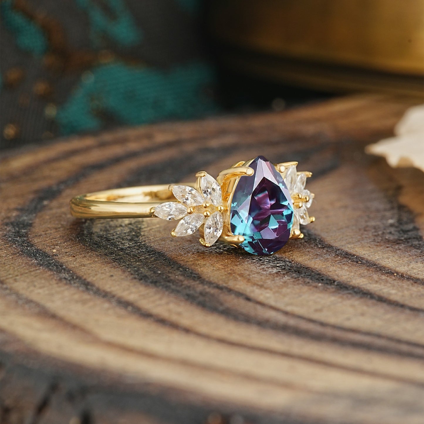 Vintage Floral Pear Cut Alexandrite Engagement Ring