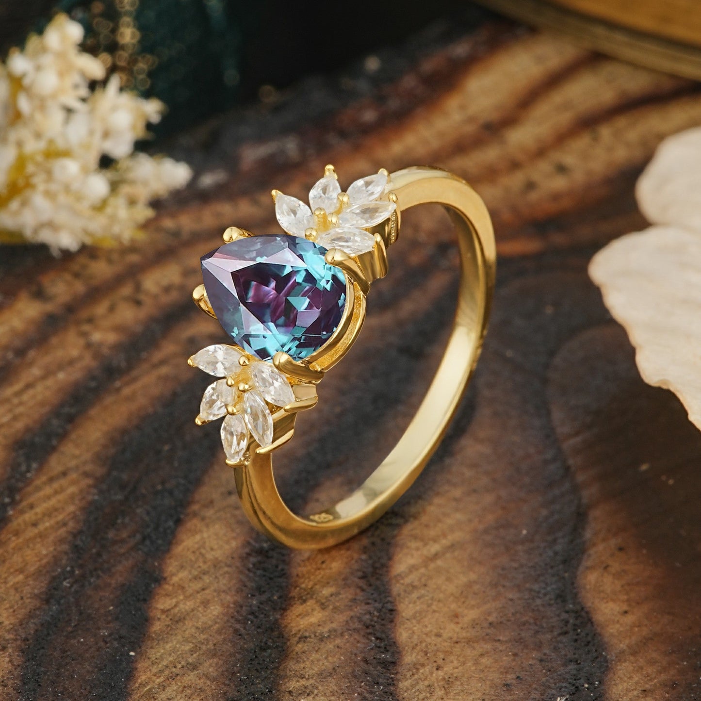 Vintage Floral Pear Cut Alexandrite Engagement Ring