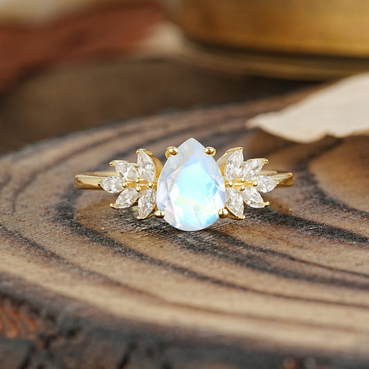 Vintage Floral Pear Cut Moonstone Engagement Ring