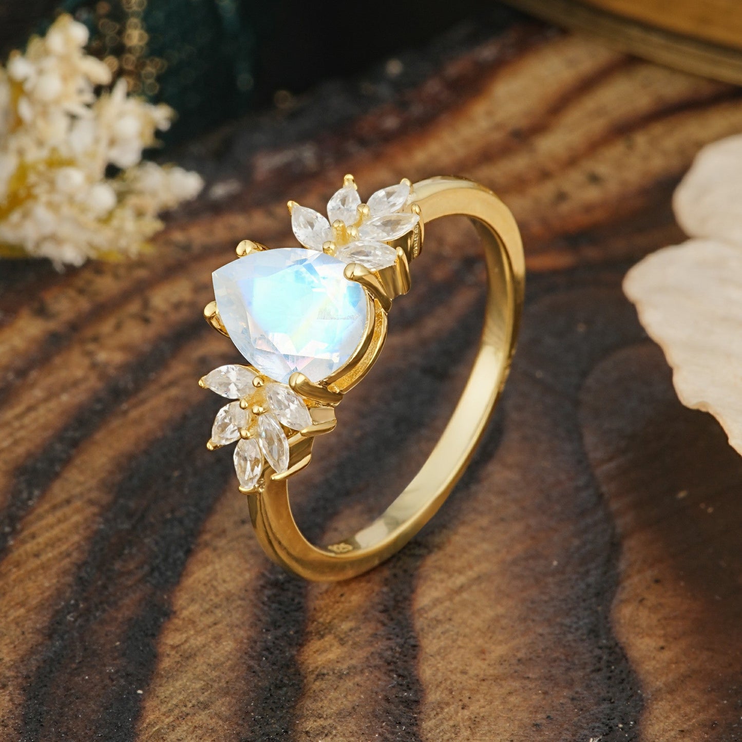 Vintage Floral Pear Cut Moonstone Engagement Ring