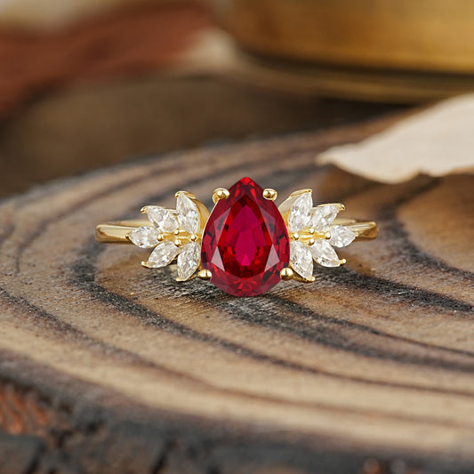 Vintage Floral Pear Cut Ruby Engagement Ring