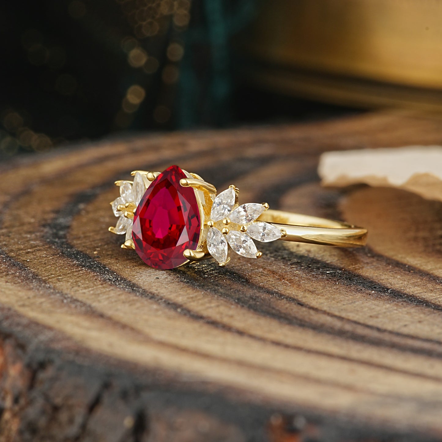 Vintage Floral Pear Cut Ruby Engagement Ring