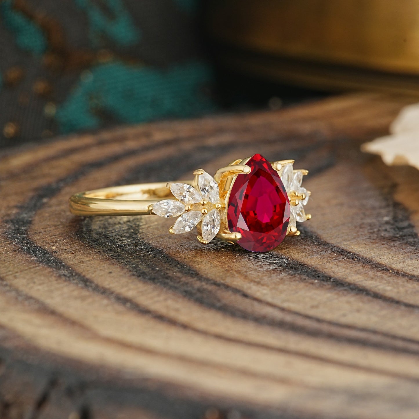 Vintage Floral Pear Cut Ruby Engagement Ring