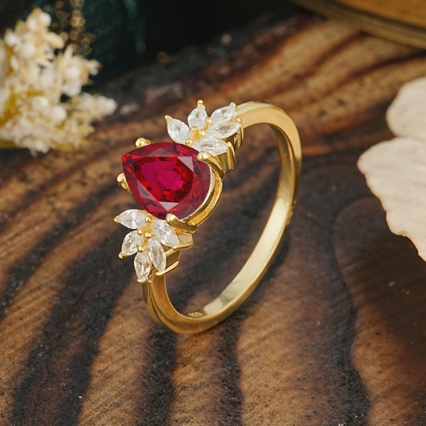 Vintage Floral Pear Cut Ruby Engagement Ring
