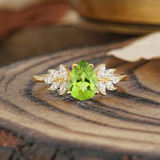 Vintage Floral Pear Cut Peridot Engagement Ring