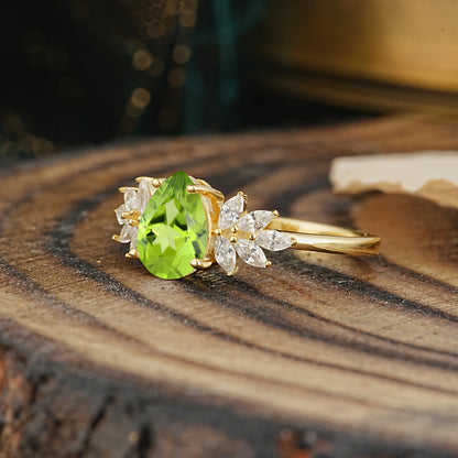 Vintage Floral Pear Cut Peridot Engagement Ring