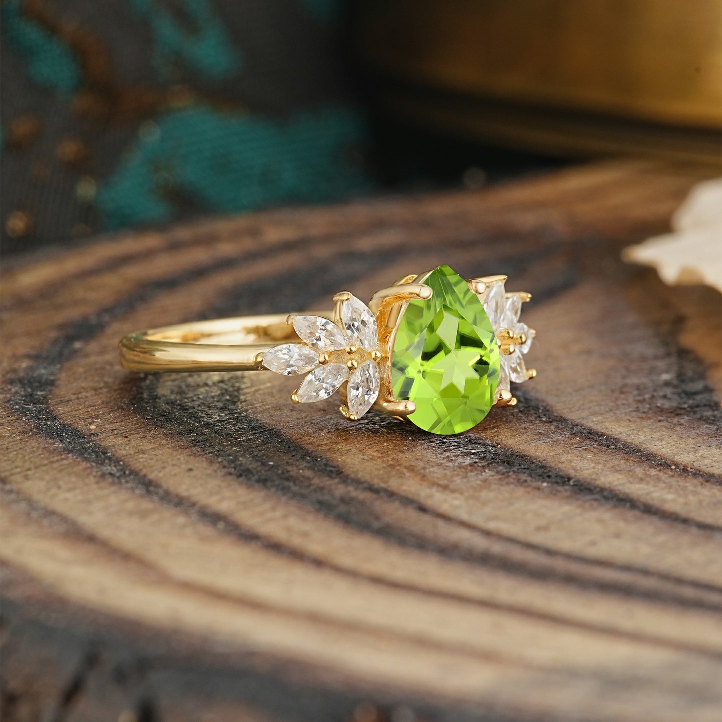 Vintage Floral Pear Cut Peridot Engagement Ring