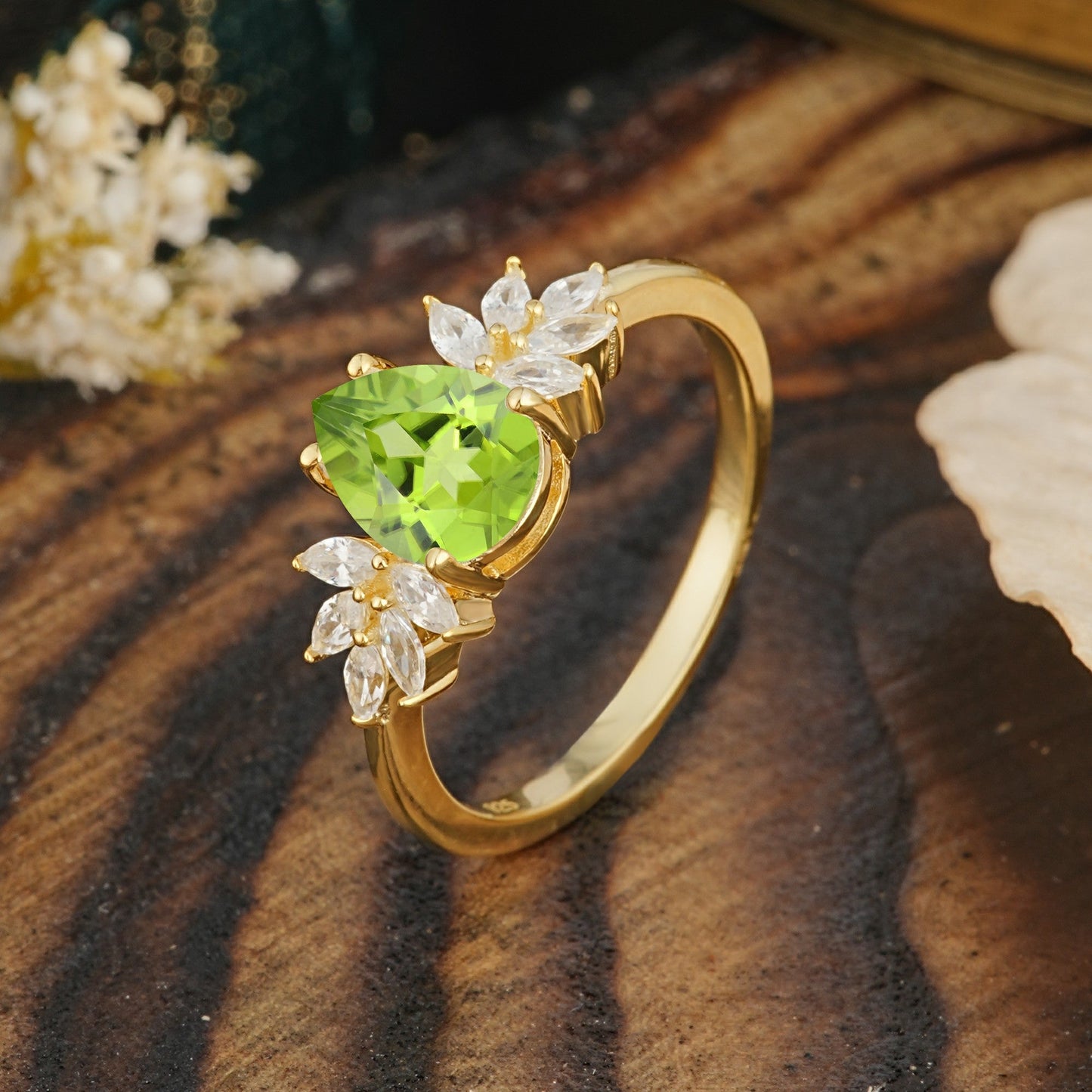 Vintage Floral Pear Cut Peridot Engagement Ring