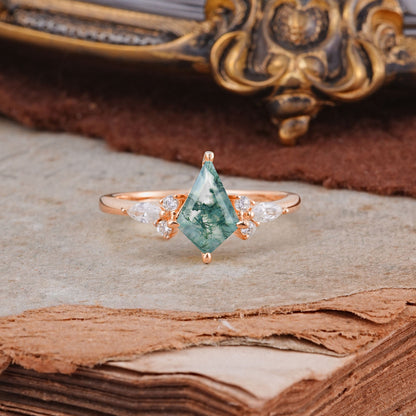 Classic 4 Prong Kite Cut Moss Agate Engagement Ring