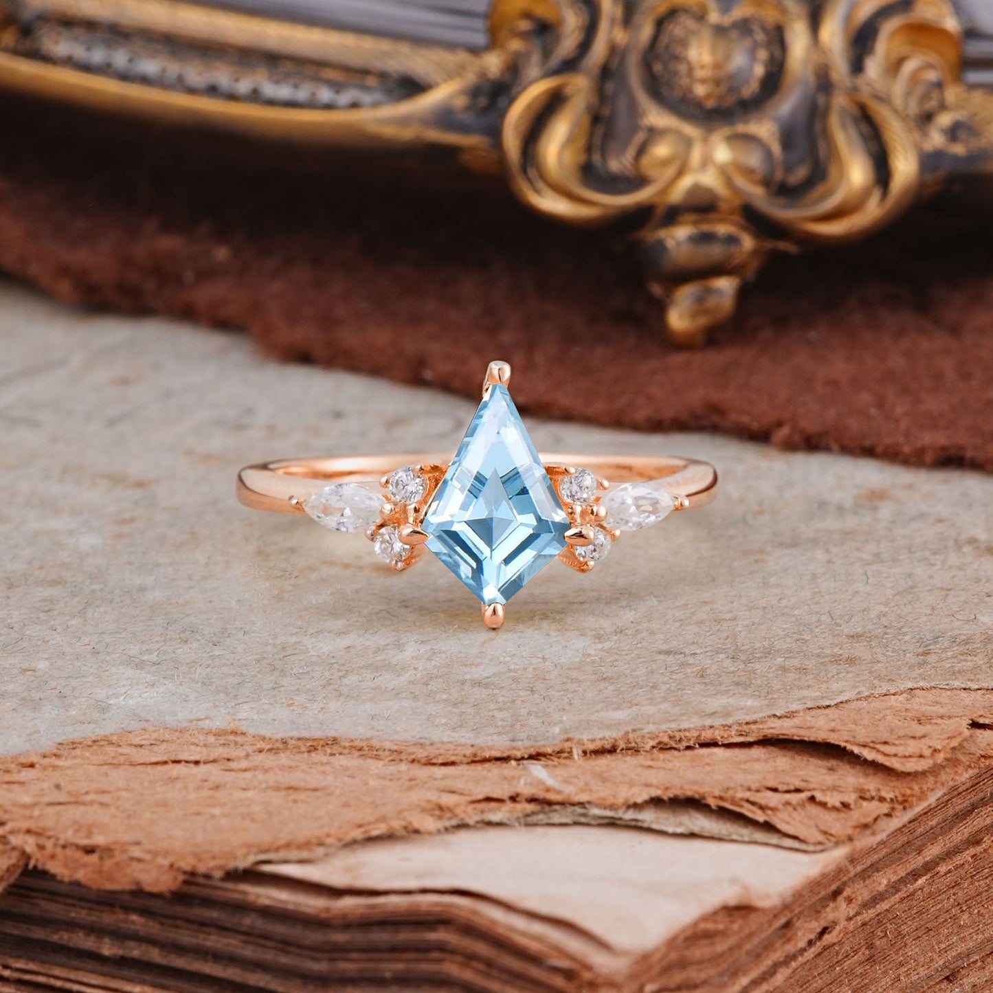 Classic 4 Prong Kite Cut Aquamarine Engagement Ring