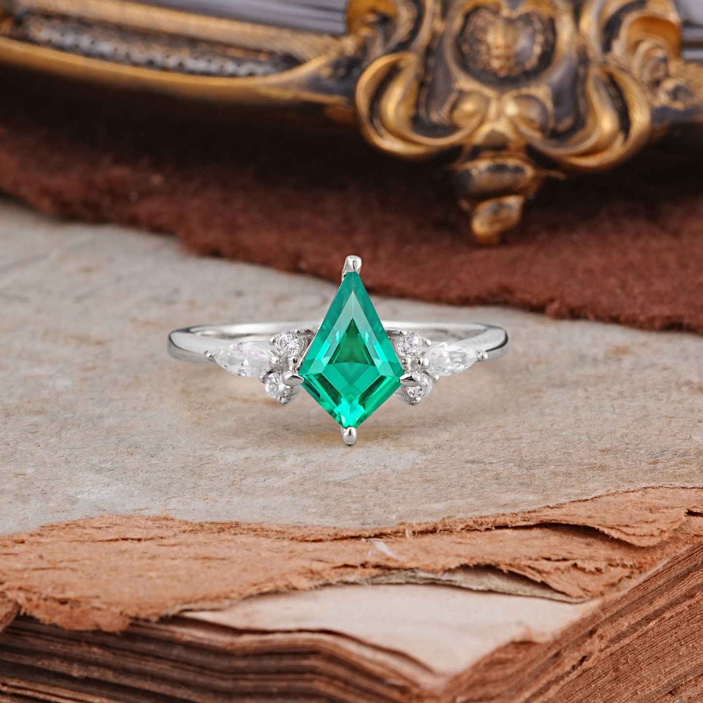 Classic 4 Prong Kite Cut Emerald Engagement Ring
