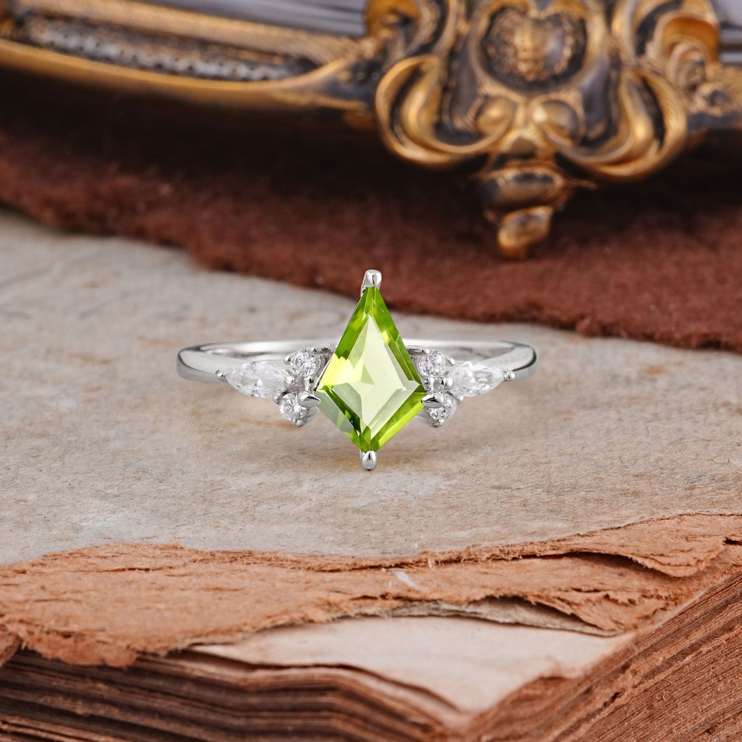 Classic 4 Prong Kite Cut Peridot Engagement Ring