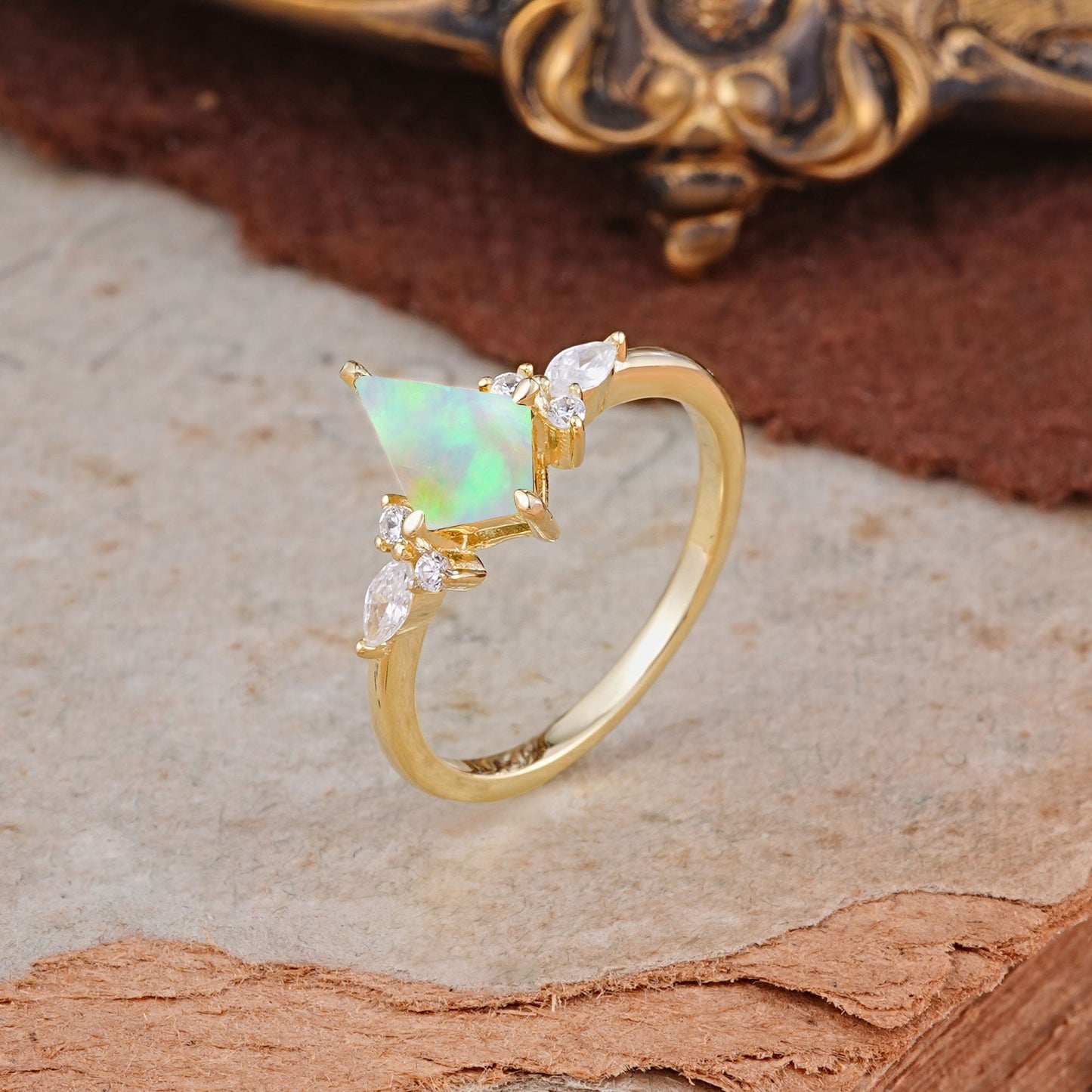 Classic 4 Prong Kite Cut Fire Opal Engagement Ring