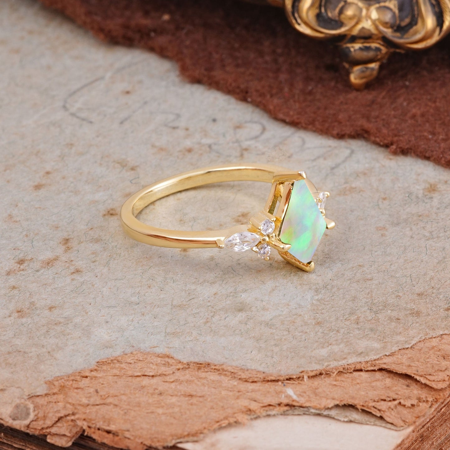 Classic 4 Prong Kite Cut Fire Opal Engagement Ring