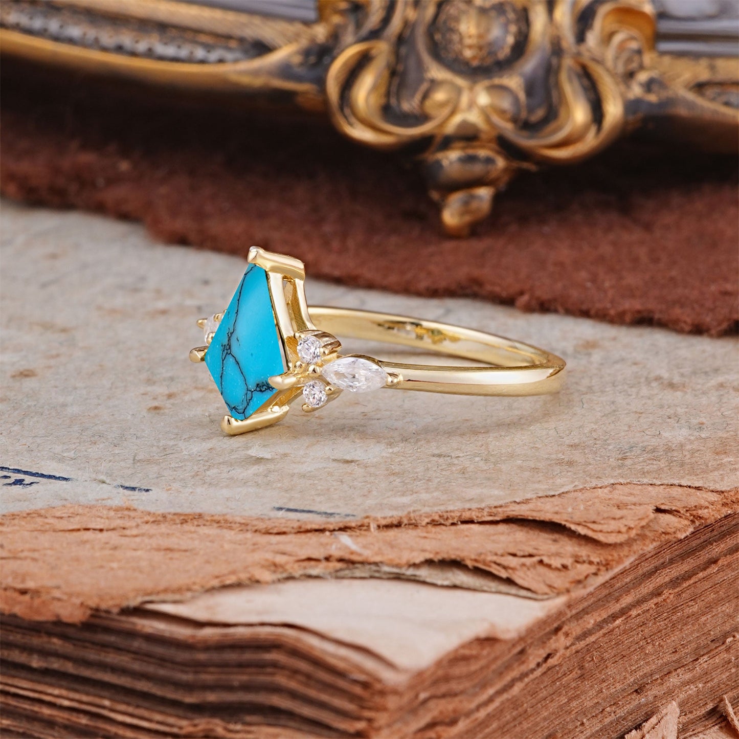 Classic 4 Prong Kite Cut Turquoise Engagement Ring