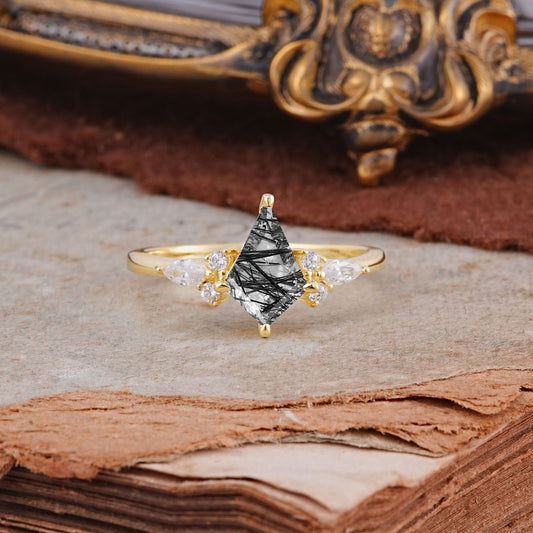 Classic 4 Prong Kite Cut Black Rutilated Quartz Engagement Ring