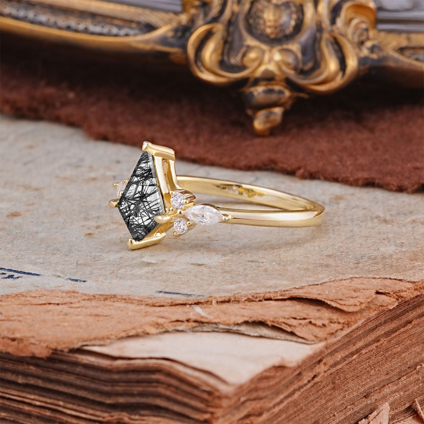 Classic 4 Prong Kite Cut Black Rutilated Quartz Engagement Ring