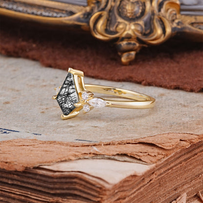 Classic 4 Prong Kite Cut Black Rutilated Quartz Engagement Ring
