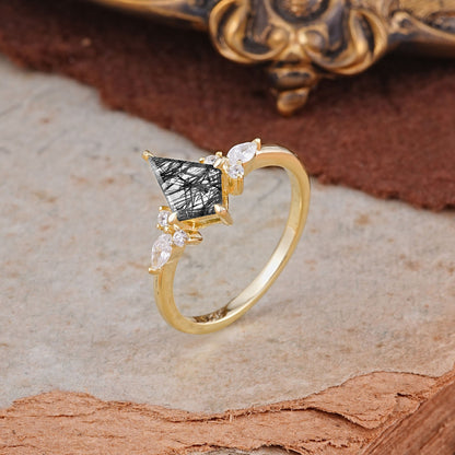 Classic 4 Prong Kite Cut Black Rutilated Quartz Engagement Ring