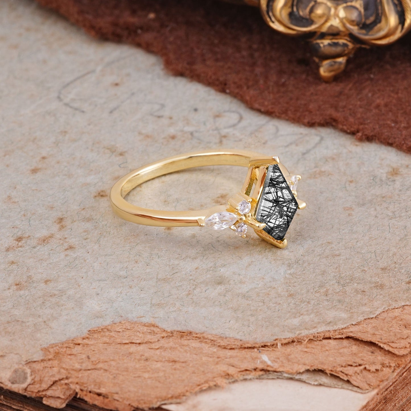 Classic 4 Prong Kite Cut Black Rutilated Quartz Engagement Ring