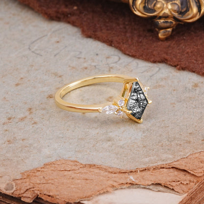 Classic 4 Prong Kite Cut Black Rutilated Quartz Engagement Ring