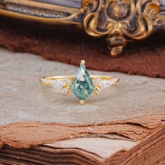 Classic 4 Prong Kite Cut Moss Agate Engagement Ring